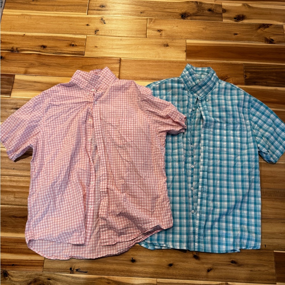 Old Navy Pink & Blue Short-Sleeve Button-Up Plaid Dress Shirts